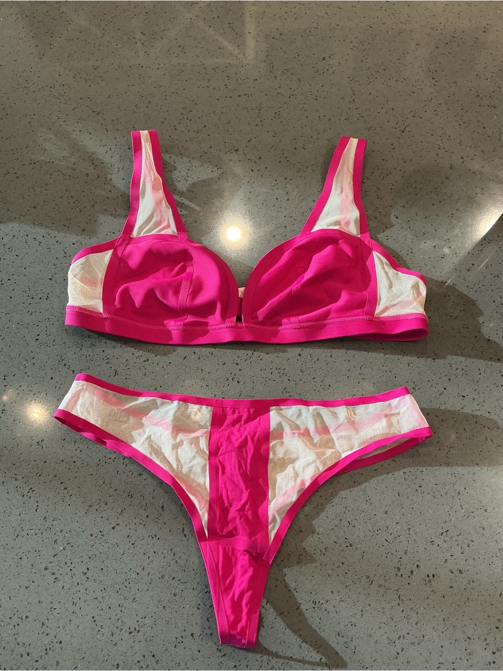 #150 Victoria's Secret Hot Pink and White Mesh Lingerie Set